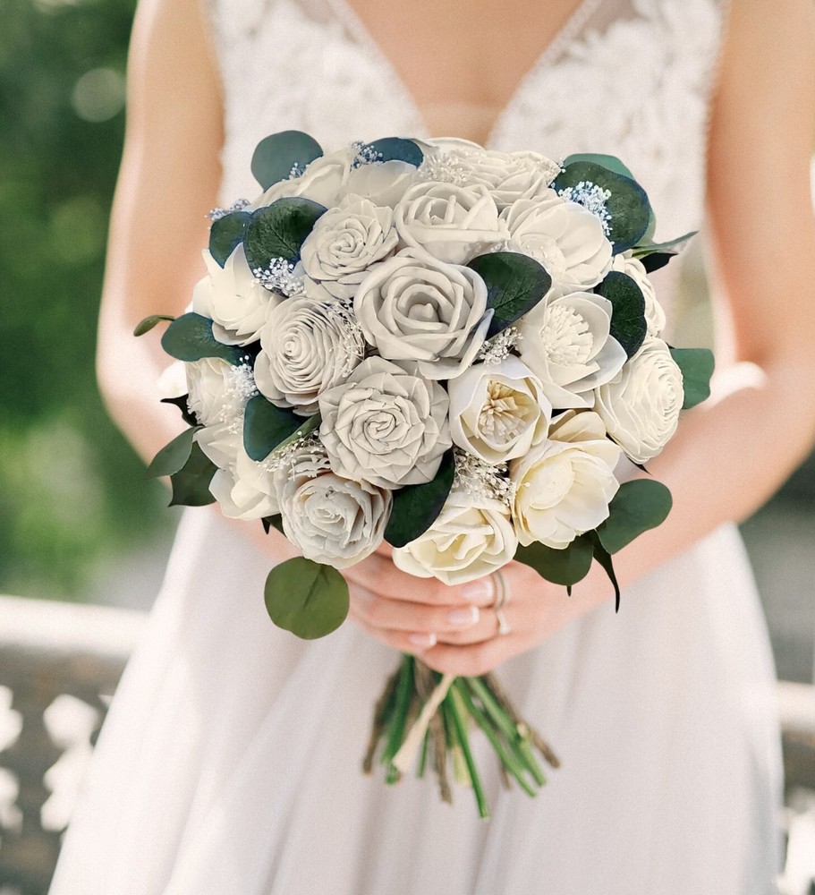 White Rose Bridal Bouquet Sola Wood Eucalyptus Bridesmaid Wedding Flower Decor
