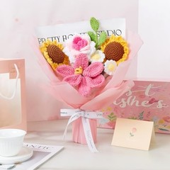 Pink Crochet Flower Bouquet Crochet Sunflowers Tulips Roses for Home C-pink