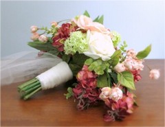 Silk Flower Cascade BRIDAL BOUQUET Pink Mauve Roses Dahlia Wisteria Eucalyptus