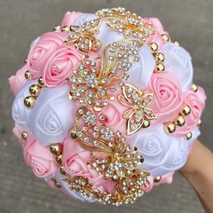 New Bridal Bouquet Exquisite Rhinestone Silk Rose and Pearl Handmade