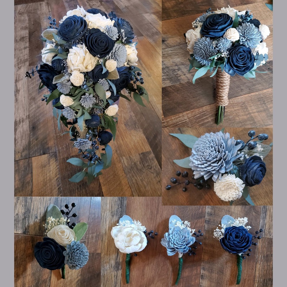 Navy Dusty Blue White Bridal Bouquet Sola Wood Eucalyptus Cascade Bridesmaid