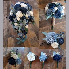 Navy Dusty Blue White Bridal Bouquet Sola Wood Eucalyptus Cascade Bridesmaid