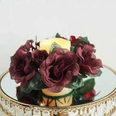4 Burgundy CANDLE RINGS with SILK ROSES Wedding Flowers for Centerpieces