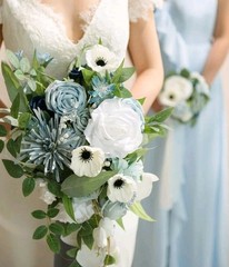 Ling’s Moment Dusty Blue Bridal Bouquet Cascading Wedding 15” Artificial Flowers