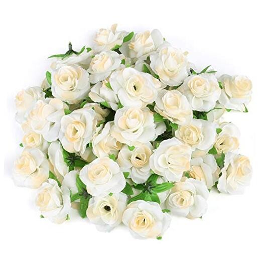 Kesote 50pcs Mini Cream White Roses Artificial Flowers Bulk, 1.6″ Small Silk
