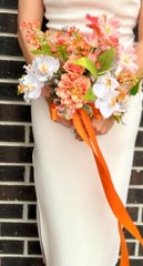 Orange Flower Fields faux wedding bouquet w. orchid, ranunculus, rose, daisy