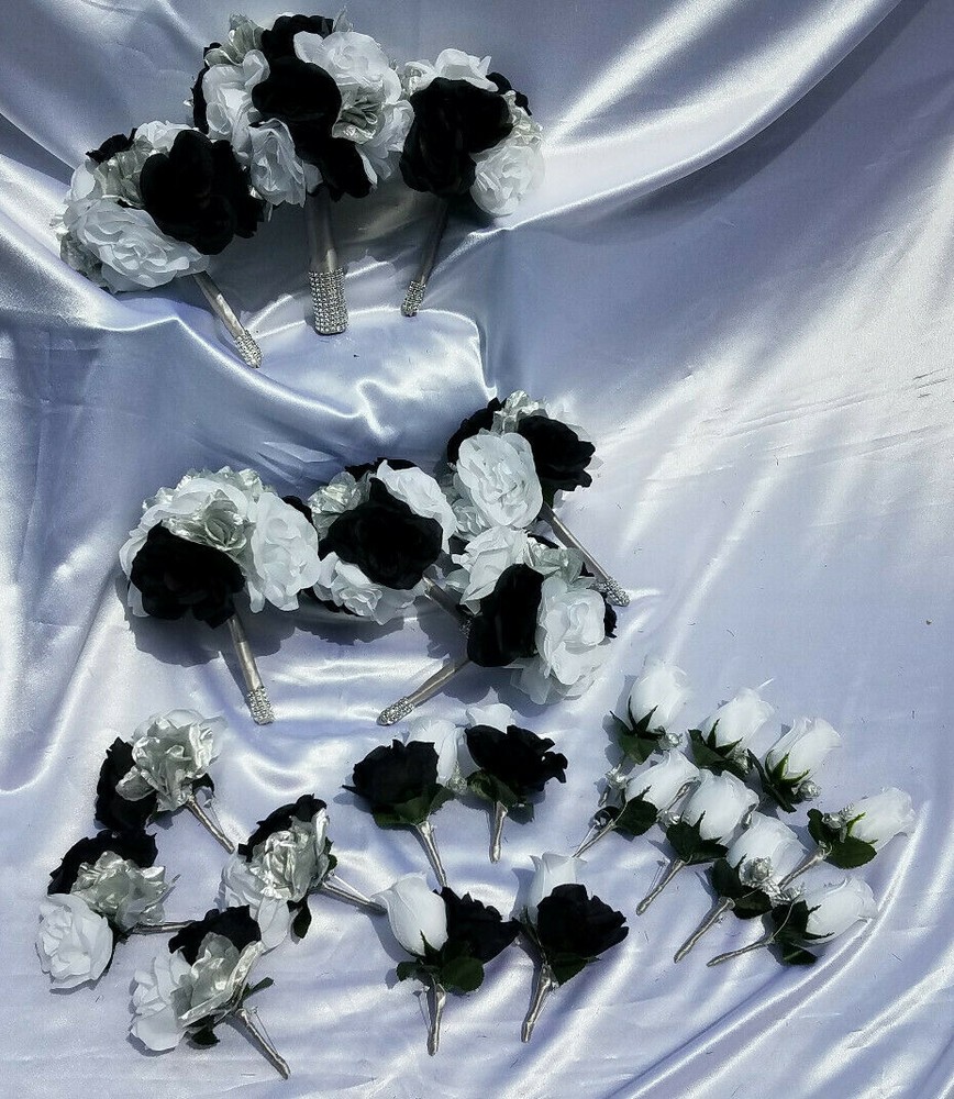 23 Pc Black, Silver & White Wedding Bouquet Set, Package w/ Silver & Rhinestones