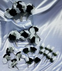 23 Pc Black, Silver & White Wedding Bouquet Set, Package w/ Silver & Rhinestones