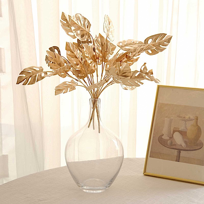 4 GOLD Metallic Artificial Monstera Leaves Bushes Party Events Decorations