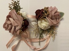 Artificial Rose Wrist Corsage, Pink/Burgundy/White/Gold Ribbon, 9 in Wedding