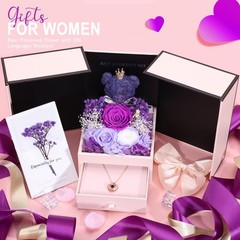 Valentines Day Gifts for Her Preserved Real Rose with Bear Flower-purple