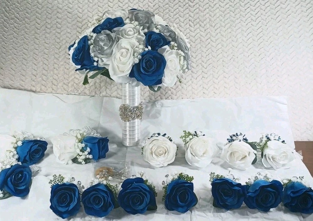10″ Wide Bridal Bush Bouquet & 14 Corsages – 3 Double Rose Wrist 11 Chest – NEW