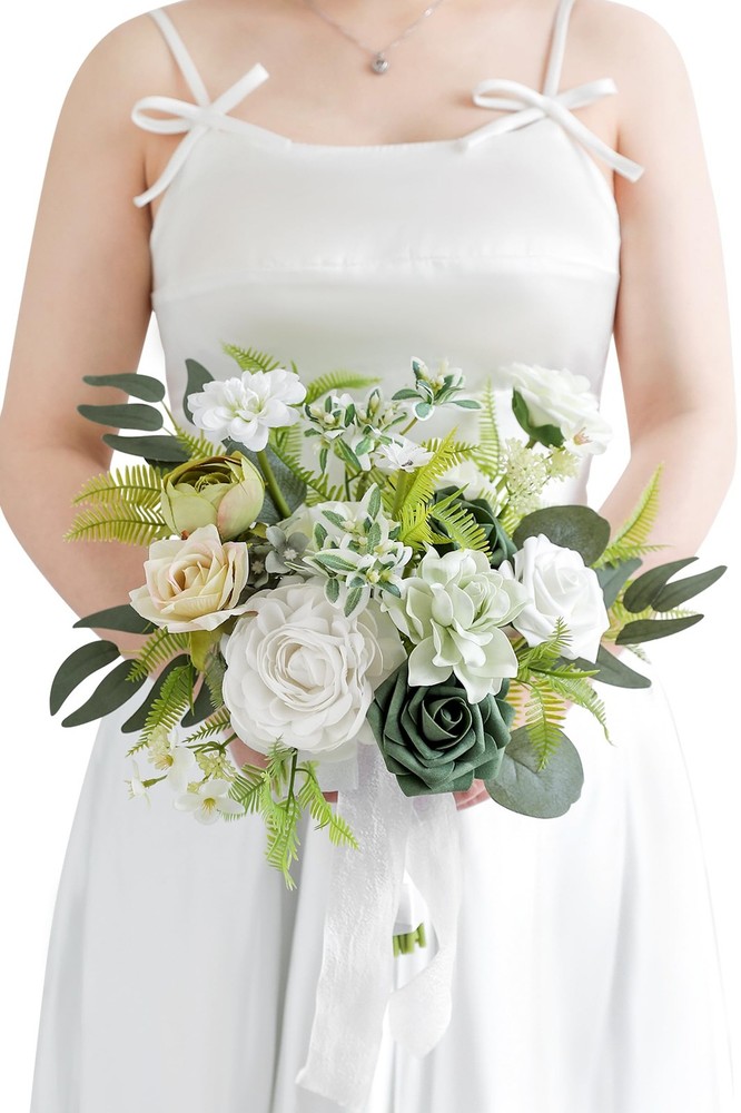 Bridesmaid Bouquet Artificial Silk Foam 11 Inch White Green Rose Wedding Tossing
