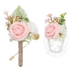 Artificial Rose Flower Wrist Corsage Boutonnieres with Pin Set Light Pink