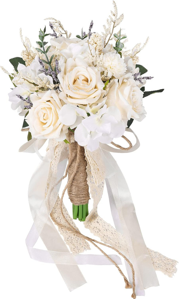 Wedding Bouquets for Bride Bridesmaid, White Champagne Artificial Roses Flowers
