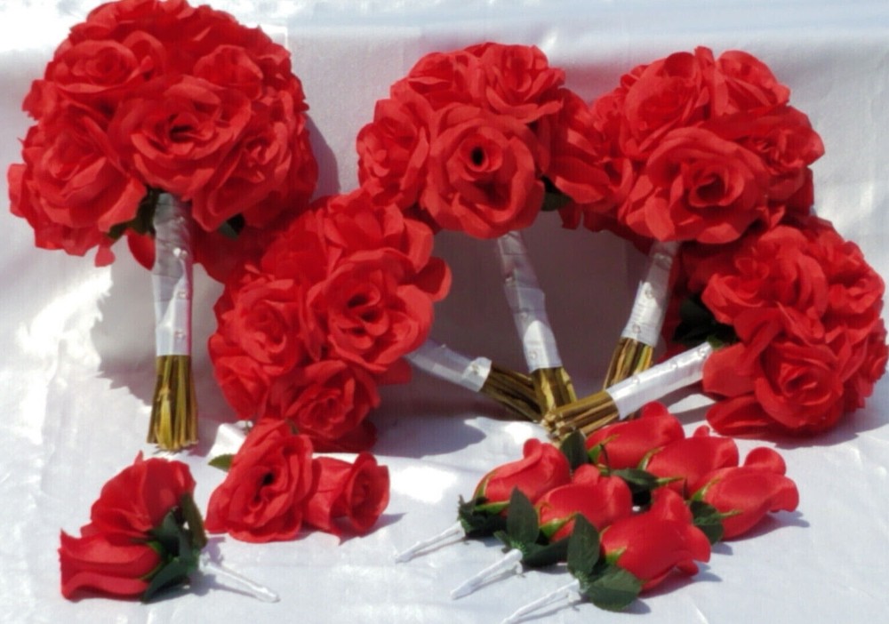 13 Pc. Wedding Bouquet Package, Red Roses, White Ribbon, Red Wedding Bouquet Set