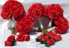 13 Pc. Wedding Bouquet Package, Red Roses, White Ribbon, Red Wedding Bouquet Set