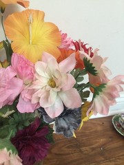 vtg SILK FLOWER mix orange pink mums petunia +ARRANGEMENT Macao ENB 60’s to 80’s