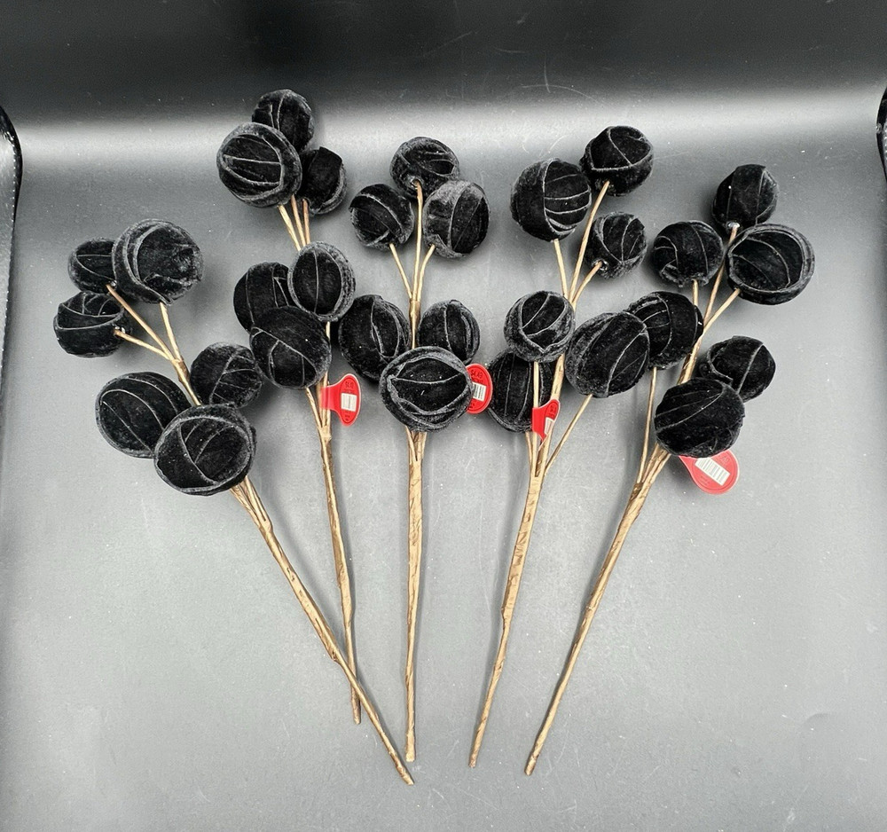 Black Velvet Ball Pick Artificial Floral Stem Deco Floral NEW ~ Set of 5 Stems