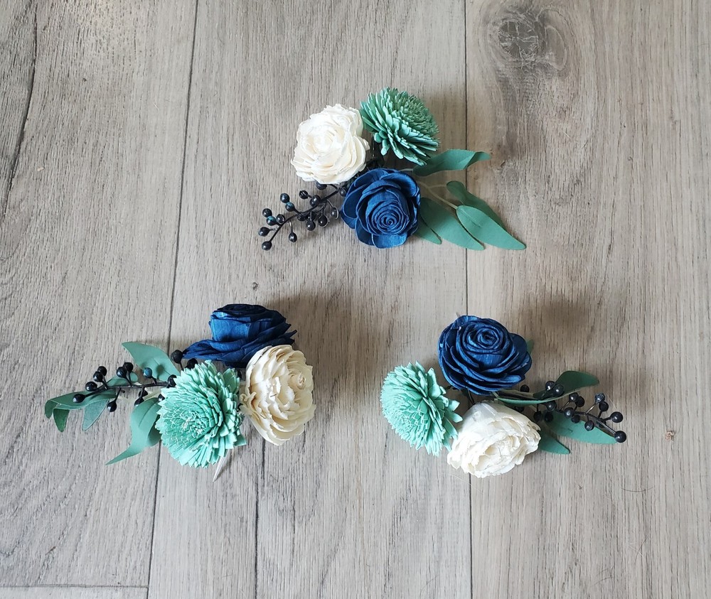 3PC Mint Green Wedding Cake Flowers Artificial Sage Navy Blue Sola Wood Topper