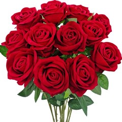 12 Pcs Velvet Rose Artificial Flowers with Long Stems, Real Touch Fake Roses