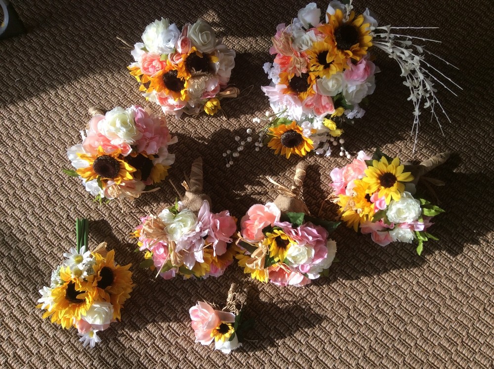 Wedding flowers bridal bouquets bridal package Sunflowers Blush Coral 9 Bouquet