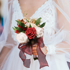 Wedding Bouquets for Bride, Burgundy & White Bridal Bridesmaid Flower with Silk