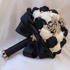 Elegant Golden Rhinestone Wedding Bouquet with Ivory Satin Roses & Crystals