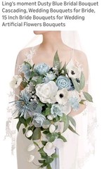 Ling’s Moment Dusty Blue Bridal Bouquet Cascading Wedding 15” Artificial Flowers