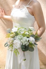 Bridesmaid Bouquet Artificial Silk Foam 11 Inch White Green Rose Wedding Tossing