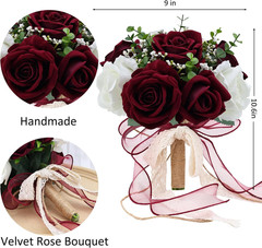 9in Wedding Bouquets for Bride Bridesmaid, Burgundy & White Artificial Roses Flo