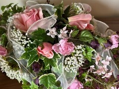 Handmade Vintage 1990s Pink, Mauve, White, Plum Wedding Bouquet w/ Boutonnieres