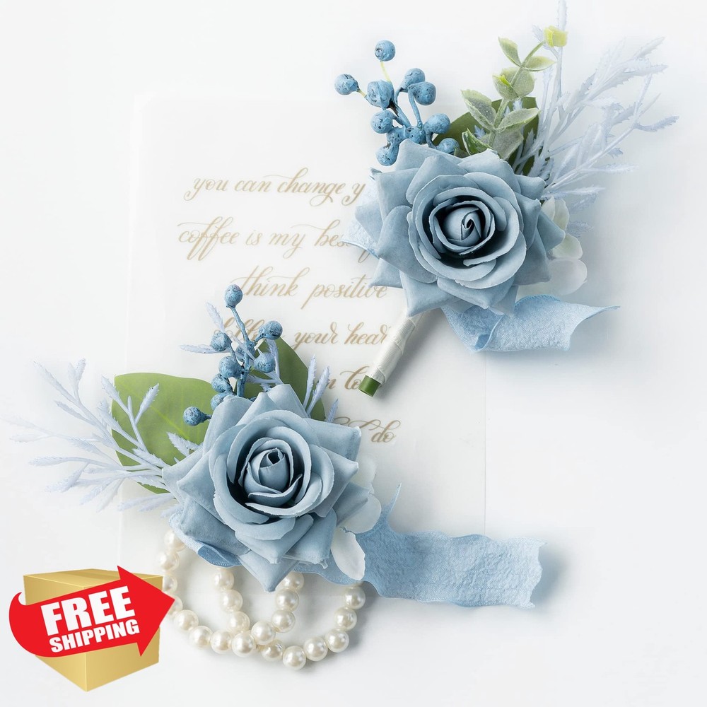 YSOJMAN Dusty Blue Corsage and Boutonniere Set, Artificial Roses for Weddings