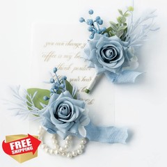 YSOJMAN Dusty Blue Corsage and Boutonniere Set, Artificial Roses for Weddings