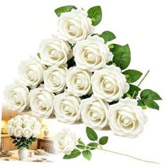 12PCS 20‘’ White Artificial Roses Flowers with 12pcs White Artificial Flowers