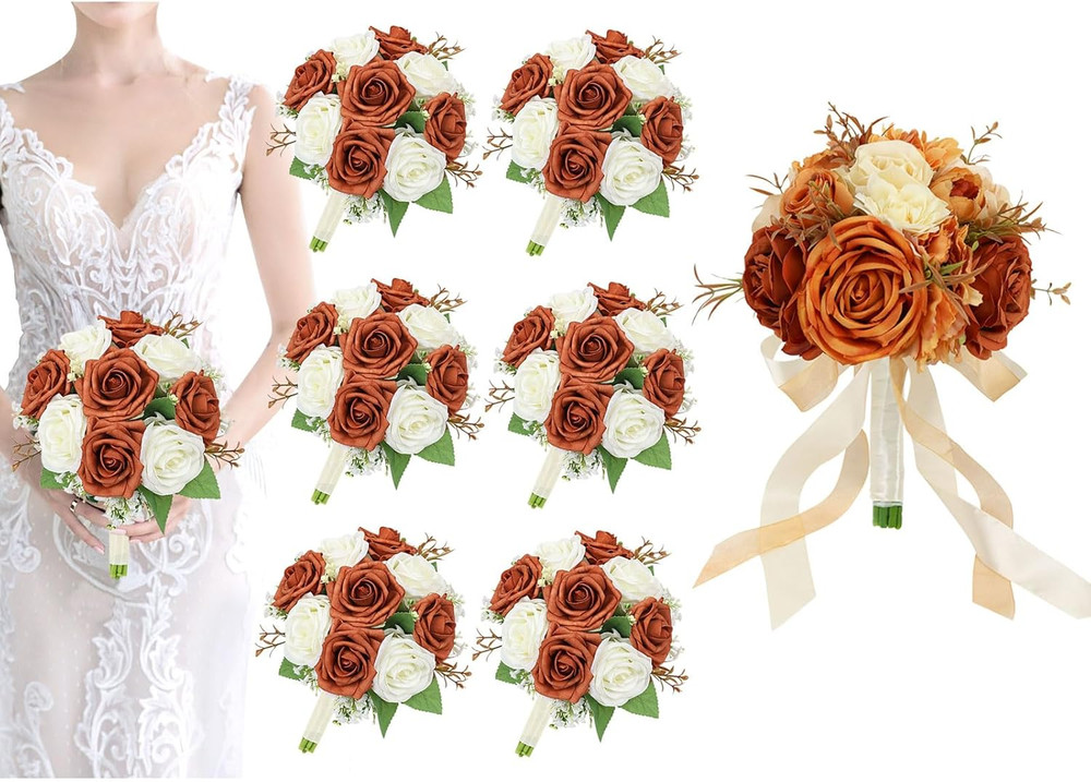 Burnt Orange Rose Bridal Bouquets Set of 7 for Fall Weddings & Events