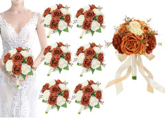 Burnt Orange Rose Bridal Bouquets Set of 7 for Fall Weddings & Events