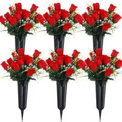 Tigeen 6 Sets Father’s Day Cemetery Flowers with Grave Vase 12 Bunches Red