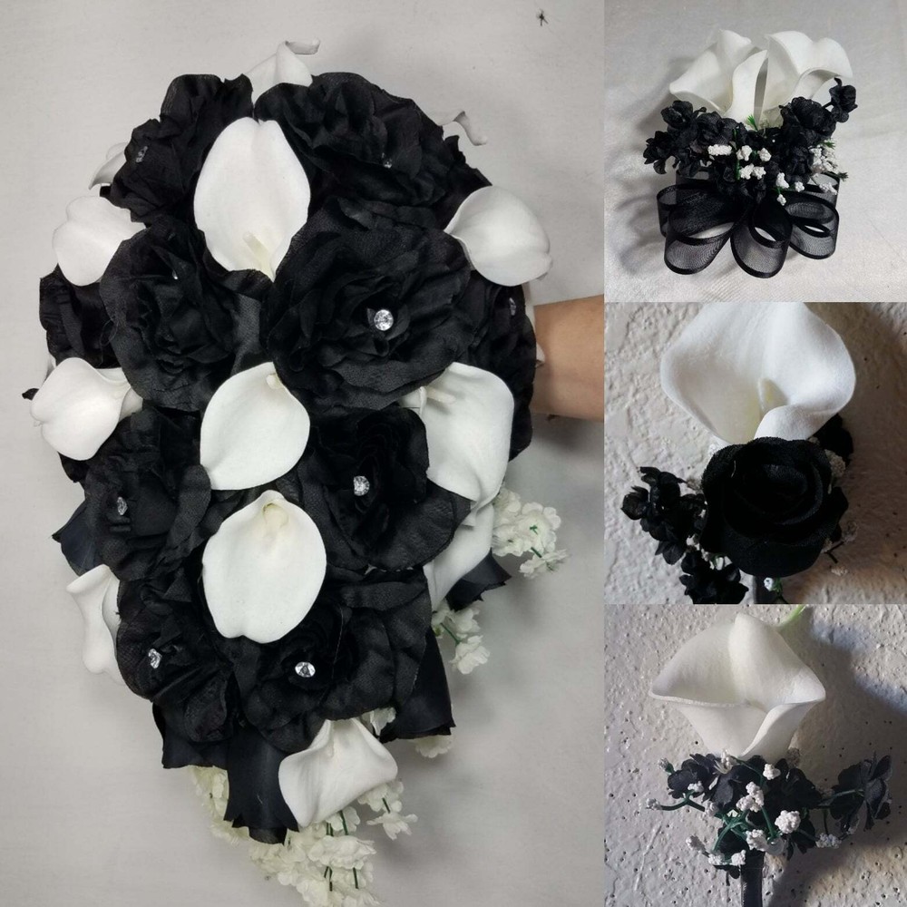 Black White Rose Calla Lily Bridal Wedding Bouquet Accessories