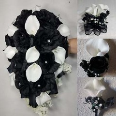 Black White Rose Calla Lily Bridal Wedding Bouquet Accessories