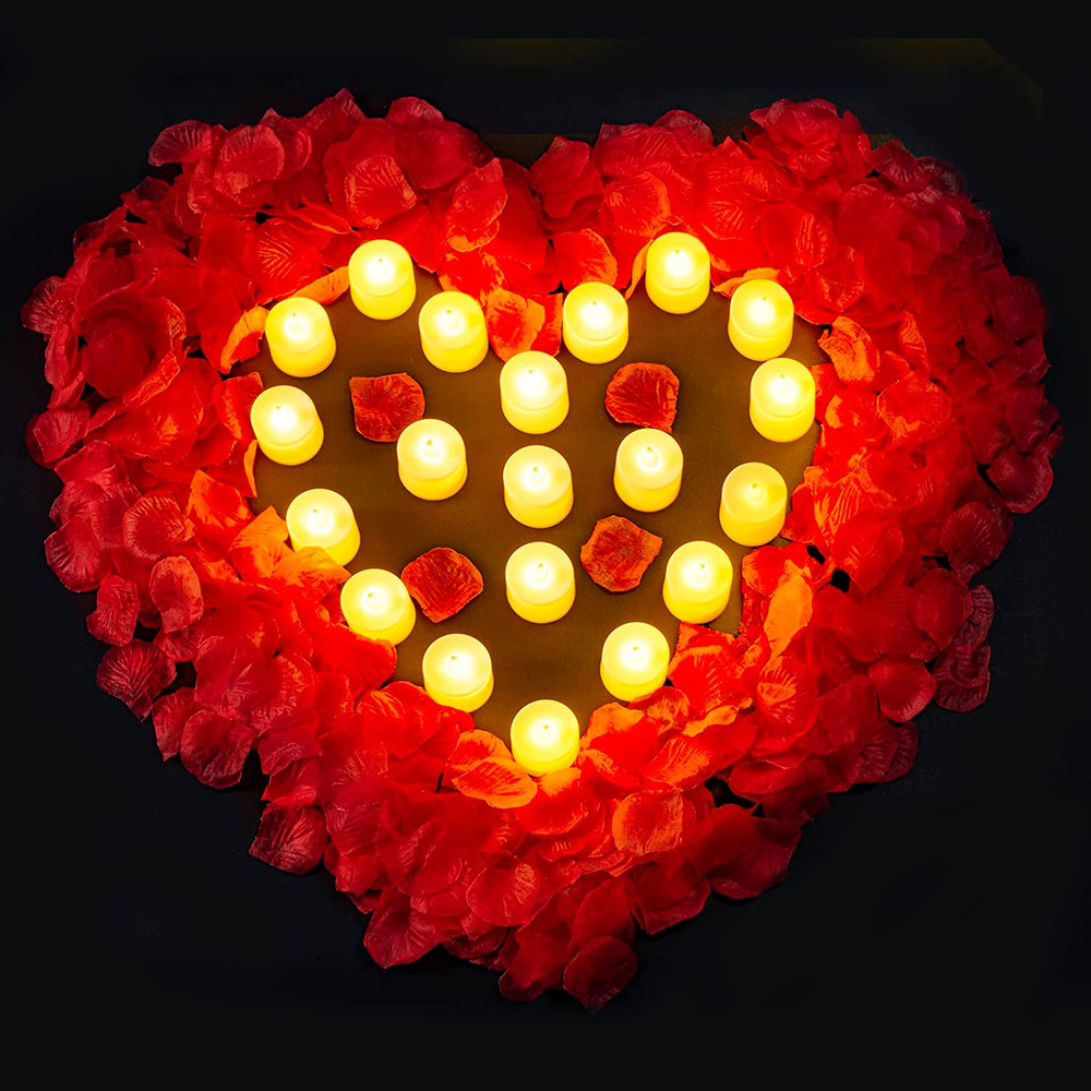 3000 PCS Artificial Silk Red Rose Petals and 20 PCS LED Candles Battery Flamele
