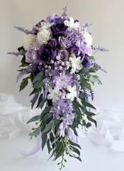Cascading Wedding Bouquet Purple Lavender Lilac White Flower Bouquets Faux Silk