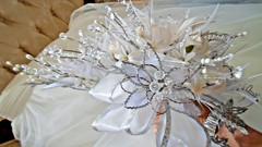 Luxury Wedding Cascade, White & Silver,Glass Crystals,Porcelain Roses,Satin-Beau