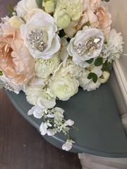 Cascading Wedding Bouquet for Bride, Blush Ivory Silk Flower Pearl Crystal