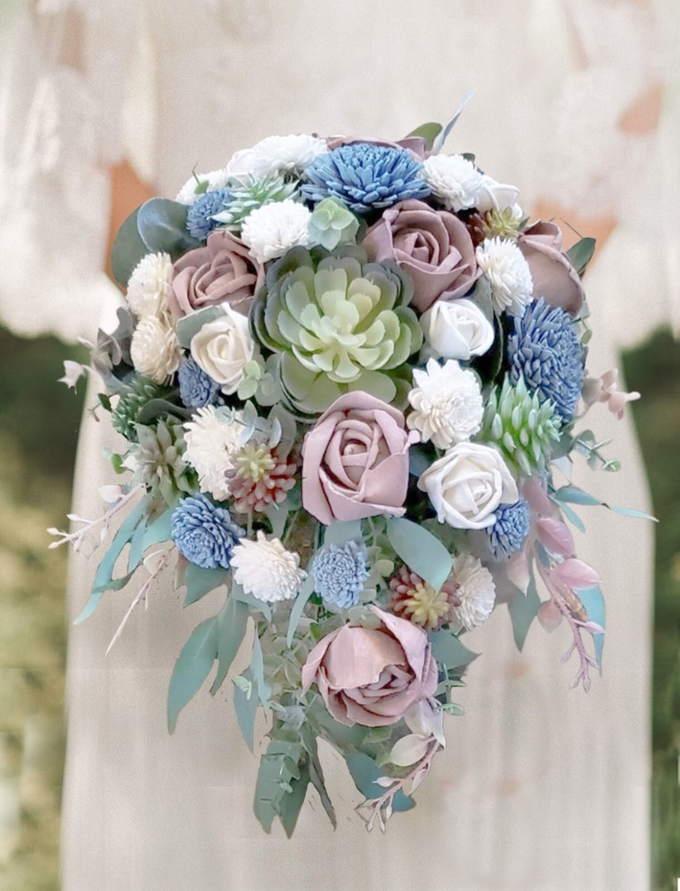Pink Mauve Dusty Blue Succulent Cascade Bridal Bouquet Sola Wood Wedding Flowers