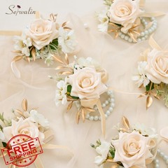 Serwalin 6pc Champagne Wrist Corsage Artificial Roses Wedding Prom Party