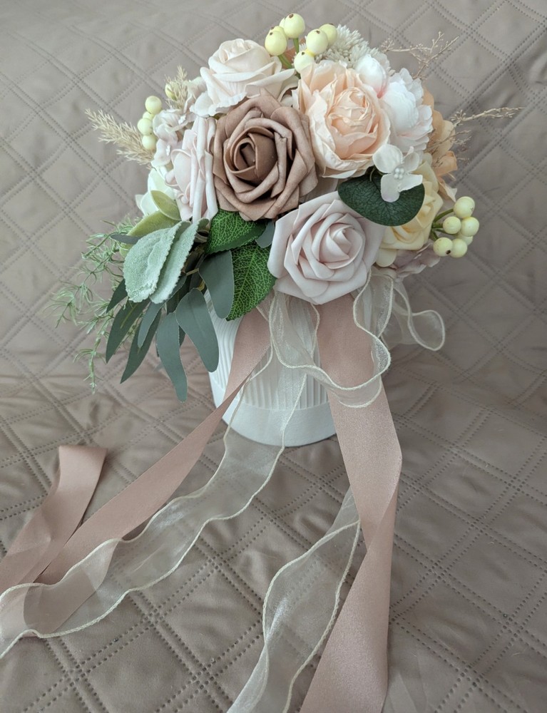 Nude/Peach Bridal Bouquet Artificial Silk Foam Flowers