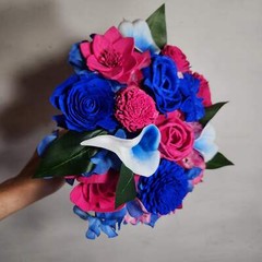 Fuchsia Royal Blue Rose Calla Lily Sola Wood Bridal Wedding Bouquet Accessories