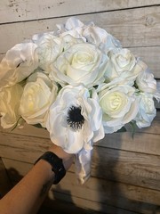 White Roses with Black center Anemone with Matching boutonnière ( magnet)