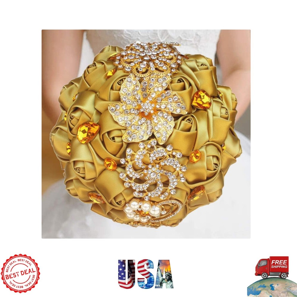 Handmade Satin Rose Wedding Bouquet with Gold Crystals – Perfect for Brides